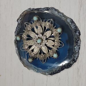 Filigree Flower Turquoise Cabochon Rhinestone Vintage Brooch Pin